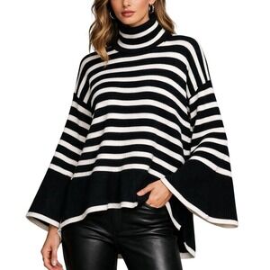 French Connection Retro Black White Striped Mock Neck Bell Sleeve Sweater Size M